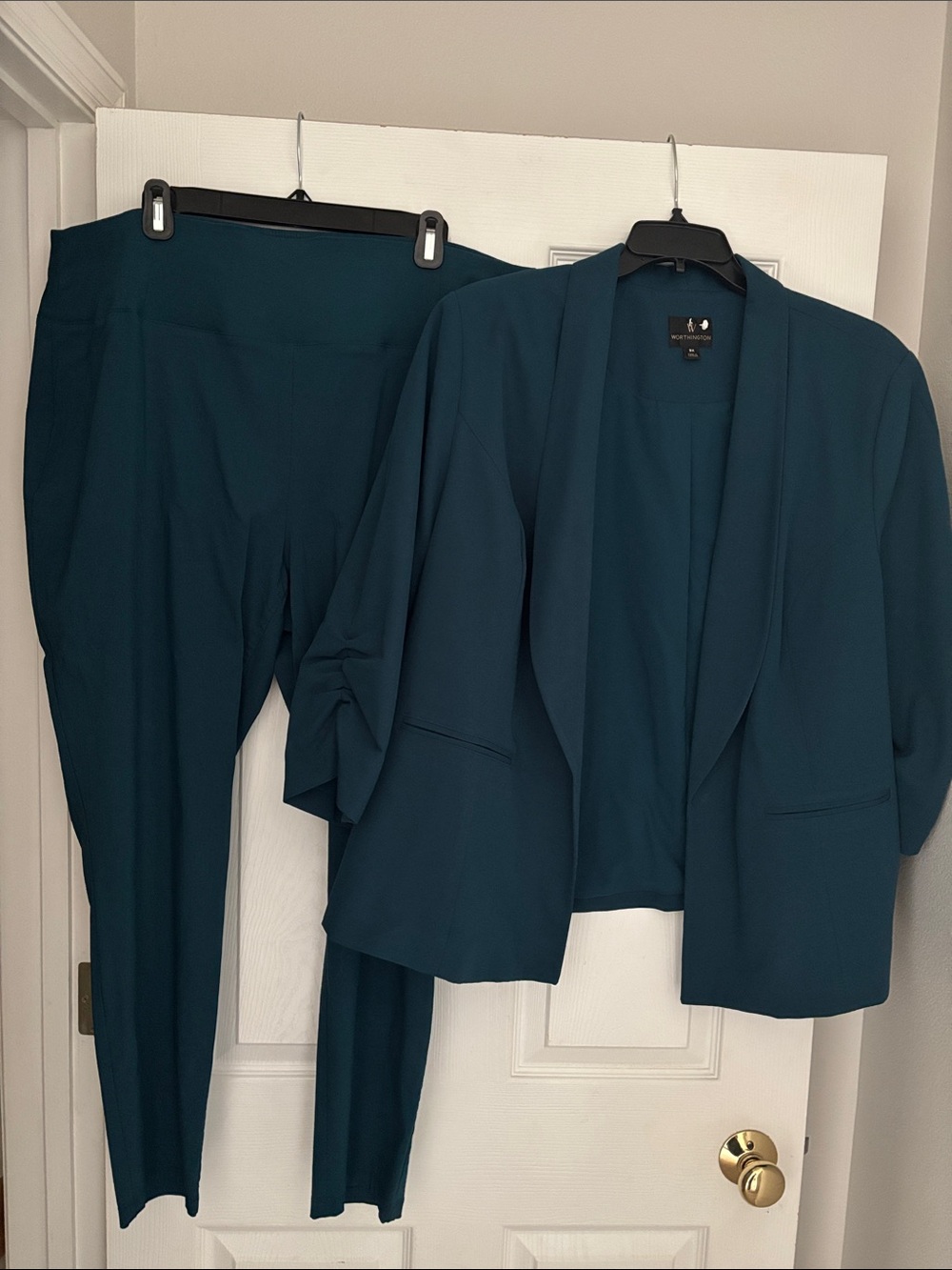 Teal Women's Skinny Pants & 3/4 Sleeve Open-Front Blazer Set - 24W Plus Size